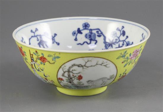 A Chinese sgraffito yellow ground medallion bowl,